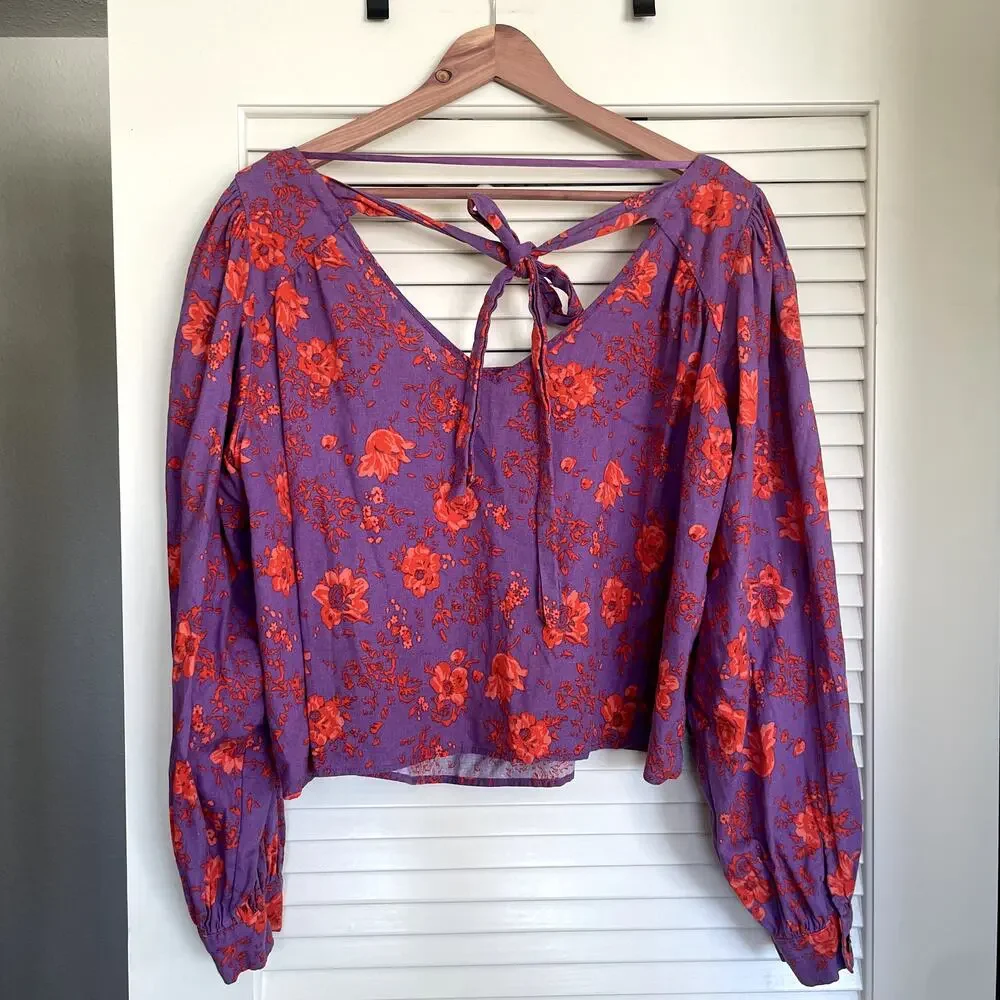 Free People Floral Orchid Purple Linen Blend Tie Back Blouse M Boho Cottagecore